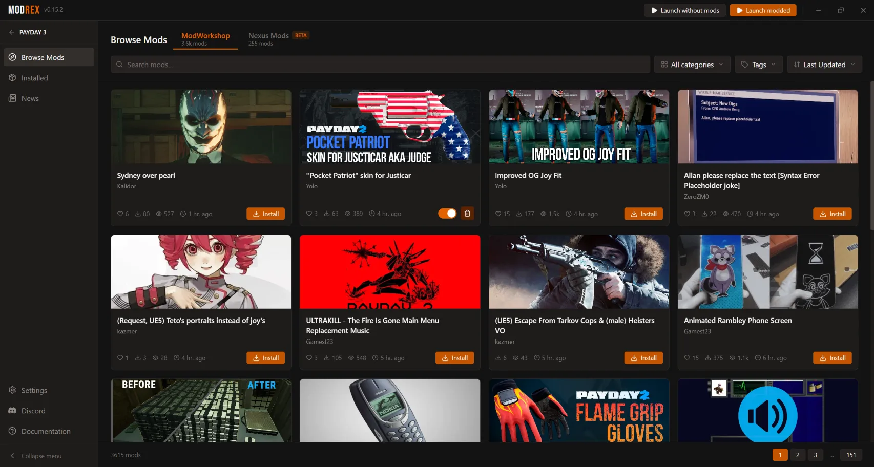 Browsing ModWorkshop mods in Modrex, with Install buttons on each result