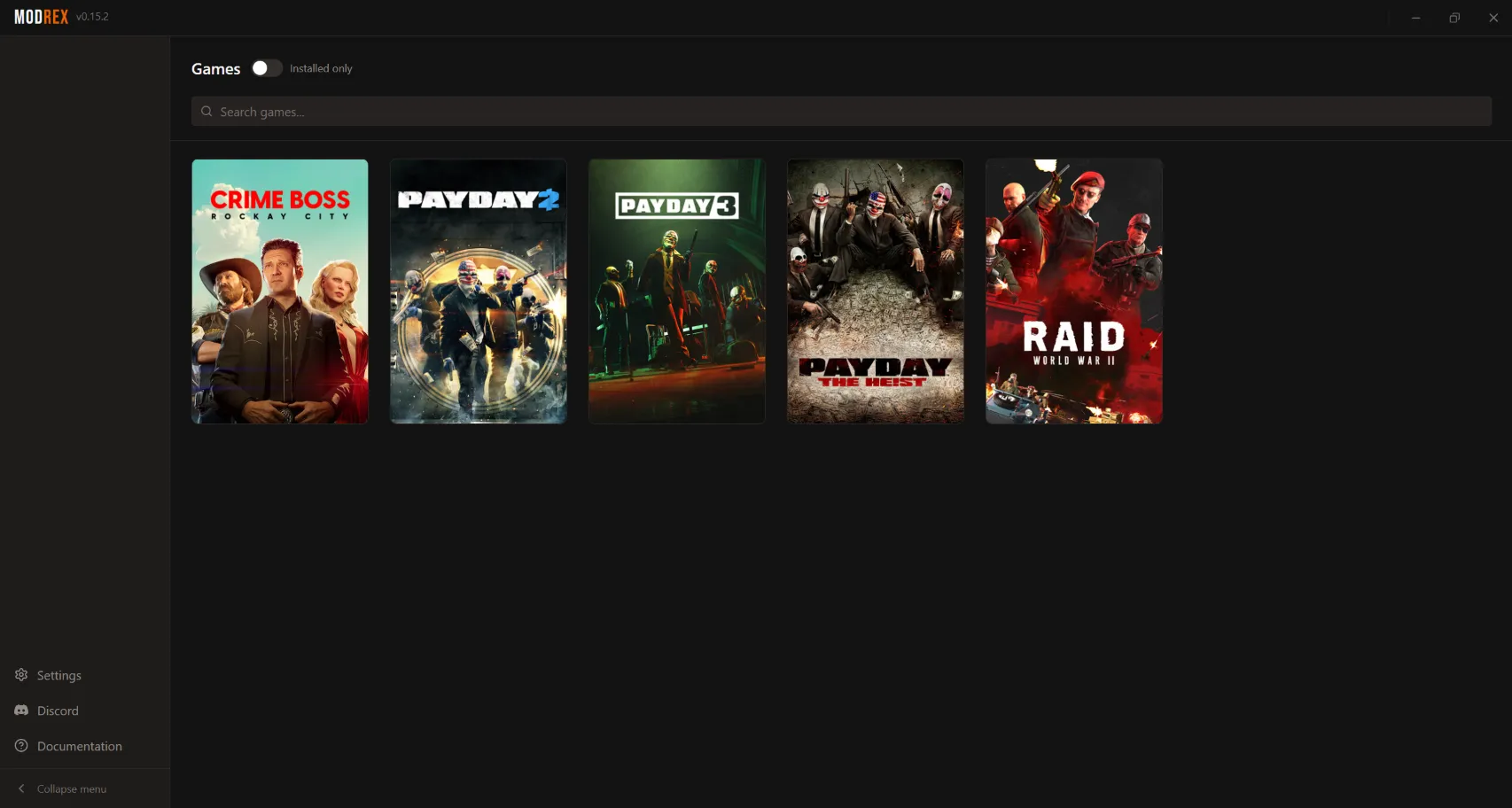 Choosing a game in Modrex: PAYDAY 3, PAYDAY 2, PAYDAY: The Heist, Crime Boss and RAID