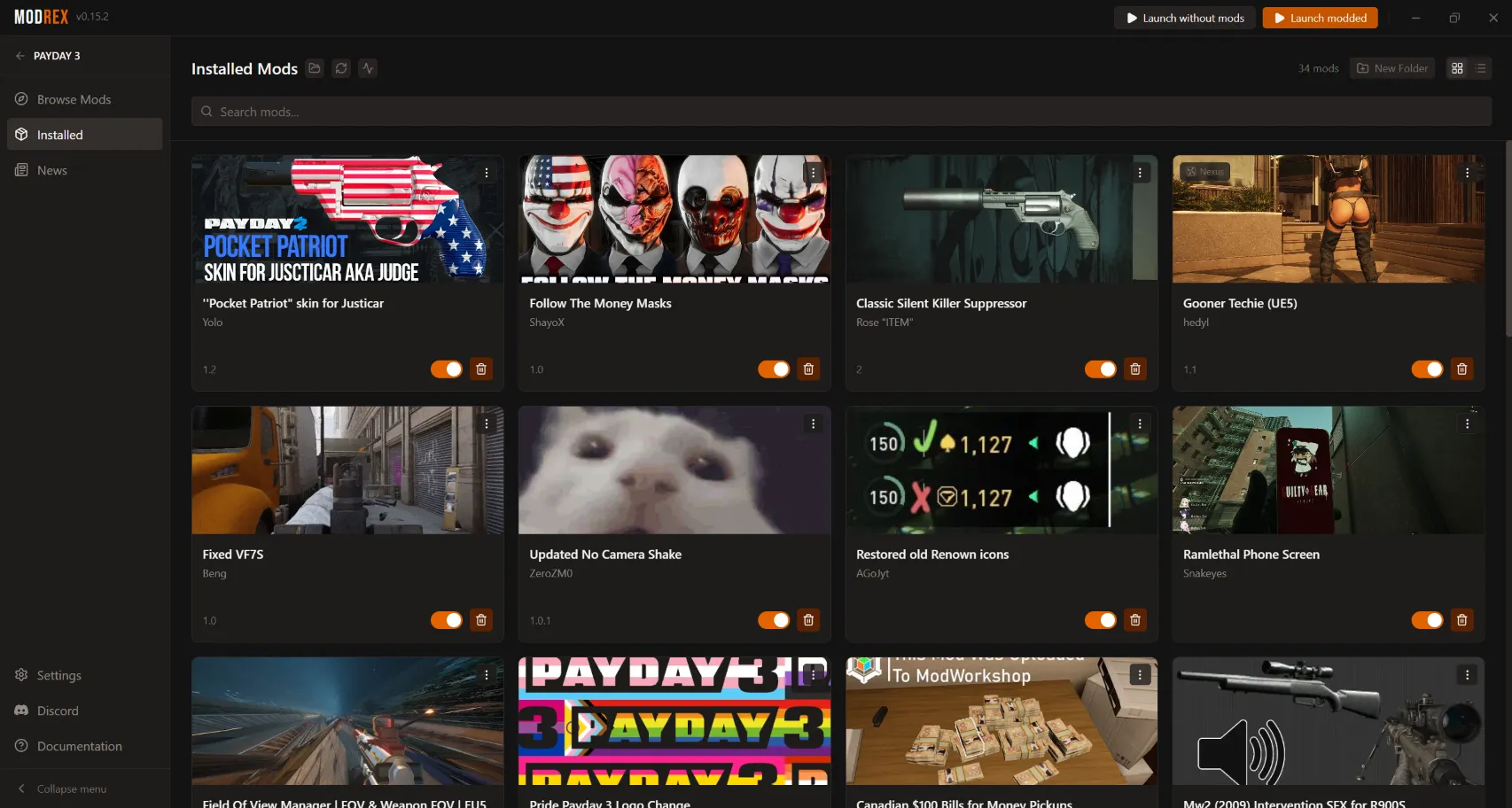 The Launch without mods and Launch modded buttons in the Modrex top bar